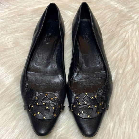 Gucci Shoes - GUCCI Leather Studded Interlocking GG Flats